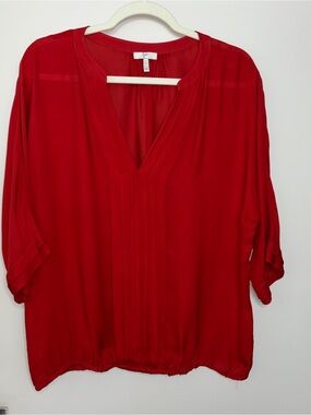 Joie 100% Silk  Red V-Neck Pintuck Blouse